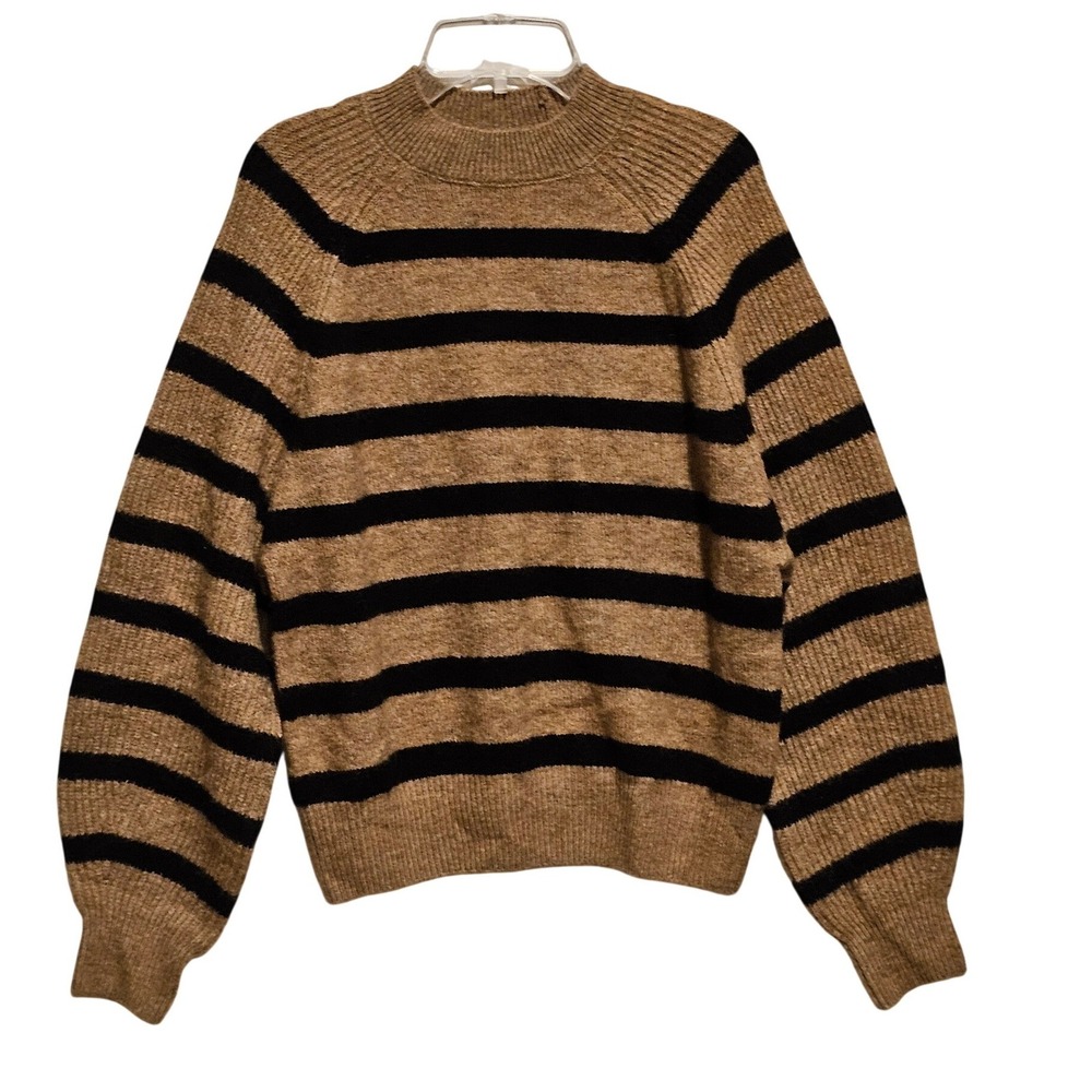 MNG Women's Striped Mock Neck Long Sleeve Sweater Tan Black XS